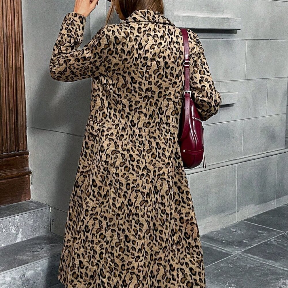 Multicolor Casual Women's Leopard Print Knitted Cinched Waist Stand Collar Coat - Picture 2 of 7